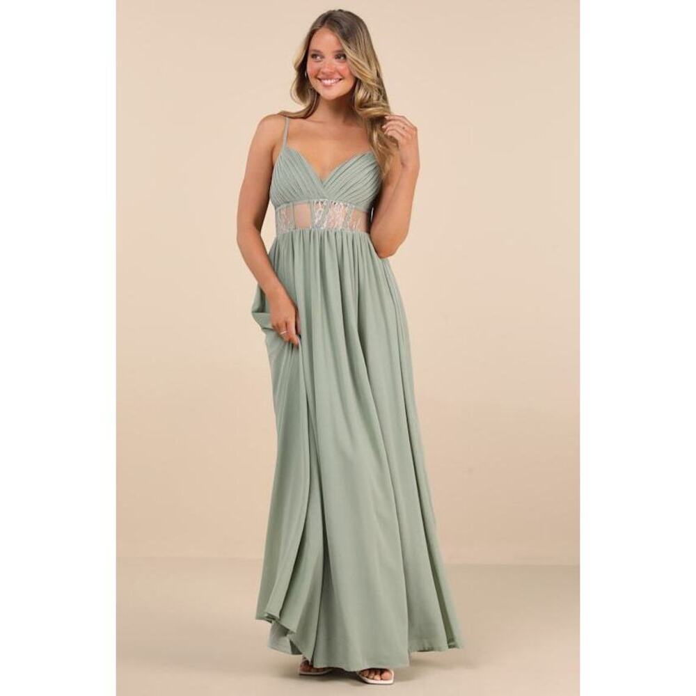 Lulus Kaylin Sage Pleated Lace Maxi Dress Green - Size M